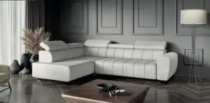 סלון דגם לוטוס - סלון פינתי נפתח למיטה עם ארגז מצעיים בעיצוב מודרני , הסלון הפינתי עם מיטה זוגית המיועדת לשינה קבועה עם 5 ראשים מתכווננים על רגליים גבוהות ניתן לשים לב יש מנגננון הרחבת מושב המאפשר ישיבה רביצתית בהתאם לצורך המנגנון ידני ובנוסף פתיחת ארגז נוחה וקלה גודל הסלון 280 על 210 אם מיטה זוגית וארגז מצעים עם אופציית הרחבת מושב ידנית