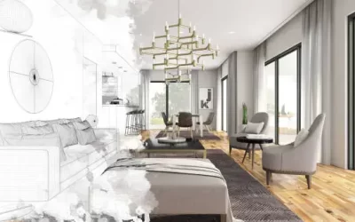 Half Drawing Sketch Modern Living Room Interior. 3d Render