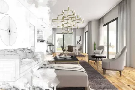 Half Drawing Sketch Modern Living Room Interior. 3d Render