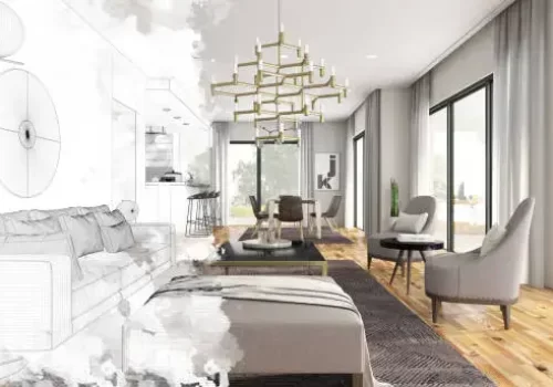 Half Drawing Sketch Modern Living Room Interior. 3d Render