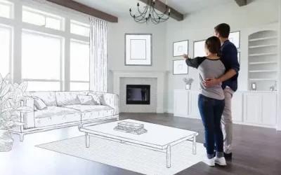 A young couple stand in the empty living room of their new home and imagine the room decor and furniture placement.